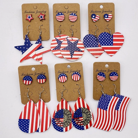 US Unabhängigkeitstag Ohrringe Kunstleder Amerikanische Flagge Sterne Streifen Herz Ohrhänger Für Damen 4. Juli Schmuck
