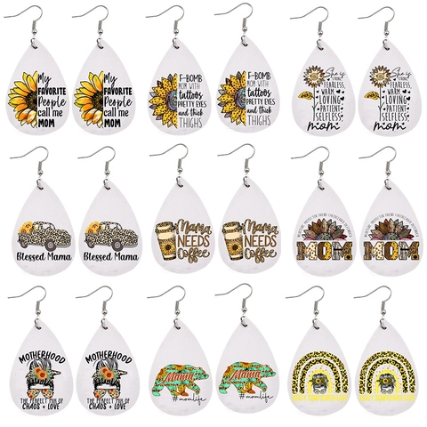 Handmade Artificial Leather Drop Earrings Mother's Day Gift Sunflower Leopard Print Mama Letter Teardrop Earrings For Women