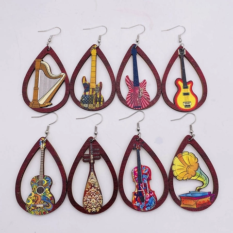 Hohl Musikinstrument Ohrhänger Aus Holz Boho Gitarre Saxophon Harfe Muster Bedruckt Ethnischen Stil Musikliebhaber Schmuck