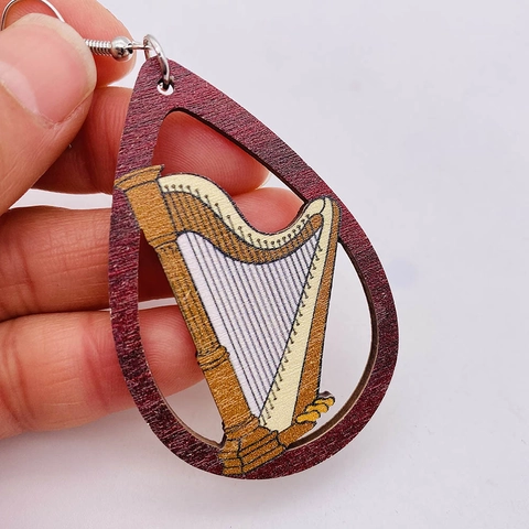 Hohl Musikinstrument Ohrhänger Aus Holz Boho Gitarre Saxophon Harfe Muster Bedruckt Ethnischen Stil Musikliebhaber Schmuck