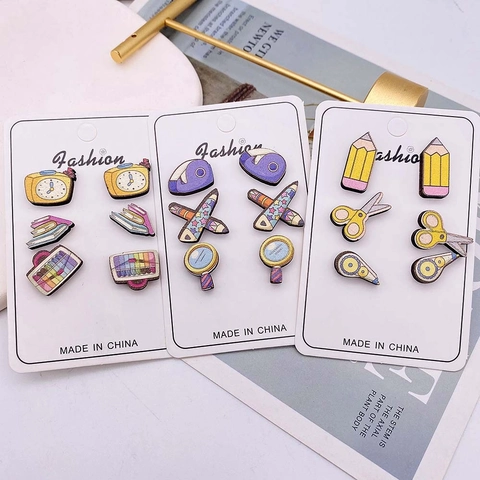Holz Bemalte Schreibwaren Ohrstecker Edelstahl Stift Bleistift Buch Schere Ohrringe Für Lehrer Back To School Schmuck