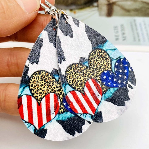Boucles d'Oreilles en Similicuir Jour de l'Indépendance Femmes Drapeau Américain Tournesol Croix Imprimé Boucles d'Oreilles Pendantes