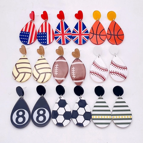Acrylic Teardrop Earrings For Women Sporty Basketball Football Soccer USA UK Flag Print Heart Dangle Earrings Jewelry