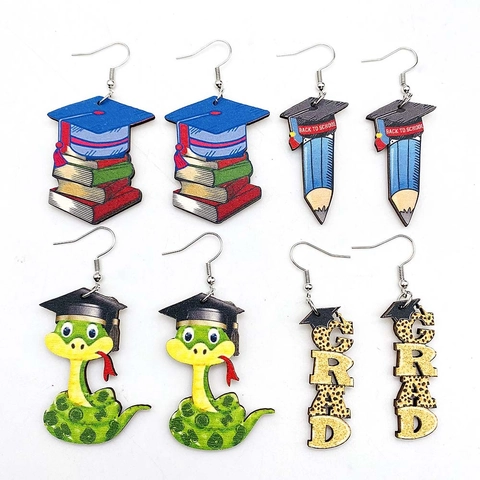 Holz Abschluss Saison Ohrringe Doktorhut Bücher Bleistift Druck Hängeohrringe Für Damen Mode Schule Thema Schmuck