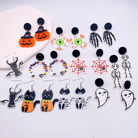 Orecchini Pendenti di Halloween in Acrilico per Donna Zucca Fantasma Scheletro Bulbo Oculare Gioielli da Festa Spettrale