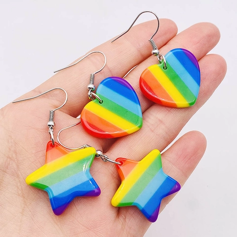 Rainbow Acrylic Dangle Earrings For Women Fashion Colorful Striped Heart Star Shape Drop Earrings LGBTQ Pride Jewelry Gift