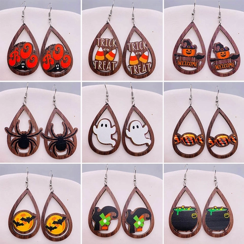 Halloween Holz Tränenohrringe Für Damen Hohle Holz Geist Kürbis Spinne Fledermaus Bedruckte Ohrhänger Festlicher Schmuck Geschenk
