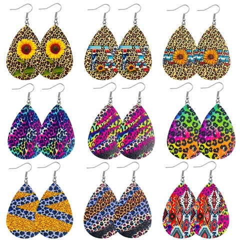 Bohemian Faux Leather Teardrop Earrings For Women Leopard Print Sunflower Pattern Western Texas Style Vintage Handmade Dangle Earrings Gift
