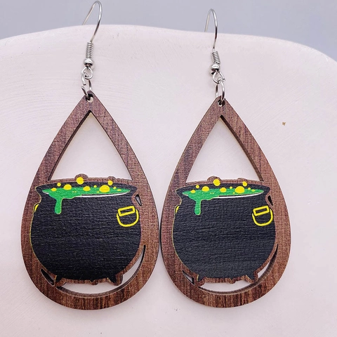Halloween Holz Tränenohrringe Für Damen Hohle Holz Geist Kürbis Spinne Fledermaus Bedruckte Ohrhänger Festlicher Schmuck Geschenk