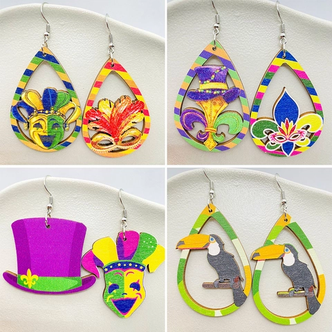 Mardi Gras Ξύλινα Σκουλαρίκια Κρεμαστά Καρναβάλι Μάσκα Καπέλο Κρίνος Πολύχρωμα Ριγέ Σκουλαρίκια Δάκρυ για Γυναίκες Κοσμήματα Φεστιβάλ