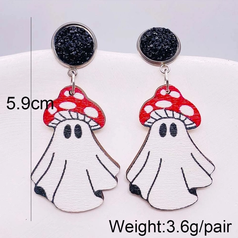 Halloween Geist Bedruckte Holz Ohrhänger Für Damen Western Cowboyhut Pilz Skateboard Smiley Gesicht Feiertagsschmuck