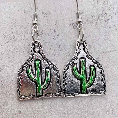 Vintage Bohemian Legierung Künstlicher Türkis Kaktus Ohrringe Ethno-Stil Retro Western Blumen Kuh Etikett Hängeohrringe Für Damen