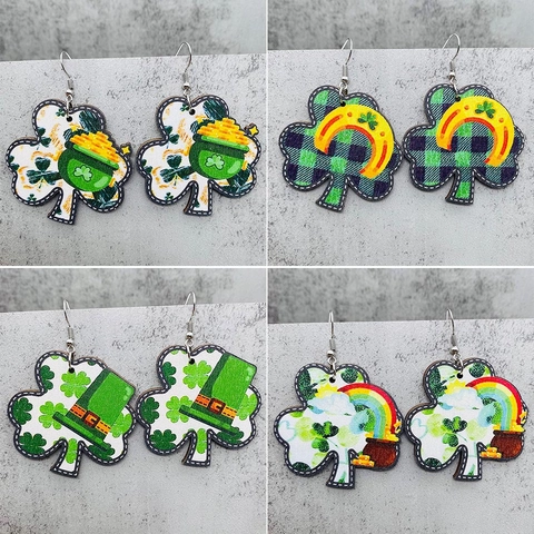 Pendientes de Trébol de Madera para el Día de San Patricio Con Sombrero de Leprechaun Arcoíris Olla de Oro para Mujer Joyería