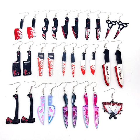 Halloween Bloedspatten Print Acryl Mes Hakmes Oorbellen Creatief Horror Punk Grappige Hanger Oorbellen Voor Vrouwen Gothic Feest Sieraden