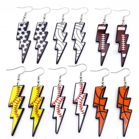Acrylic Lightning Shape Sports Earrings Basketball Baseball Football Soccer Pattern Double Sided Printed Dangle Earrings Women
