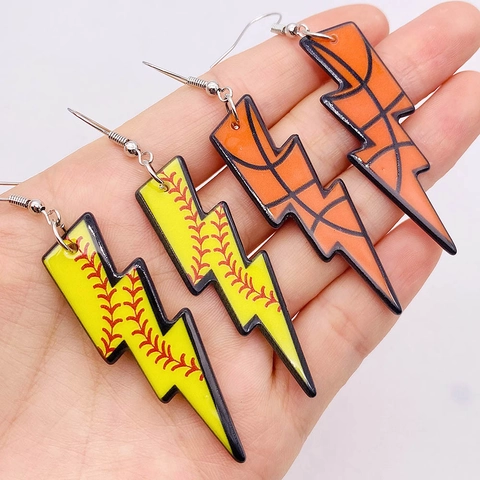 Acrylic Lightning Shape Sports Earrings Basketball Baseball Football Soccer Pattern Double Sided Printed Dangle Earrings Women