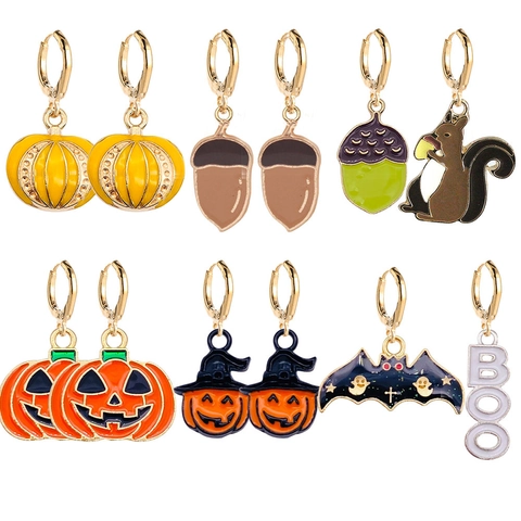 Pendientes de Gota de Aleación de Esmalte de Halloween Mujeres Asimétrico Ardilla Bellota Calabaza Murciélago Fantasma Boo Joyería