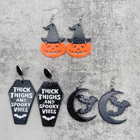 Orecchini a Goccia in Acrilico per Halloween Pipistrello Zucca Luna Bara Glitterati Gotici Gioielli per Feste da Donna