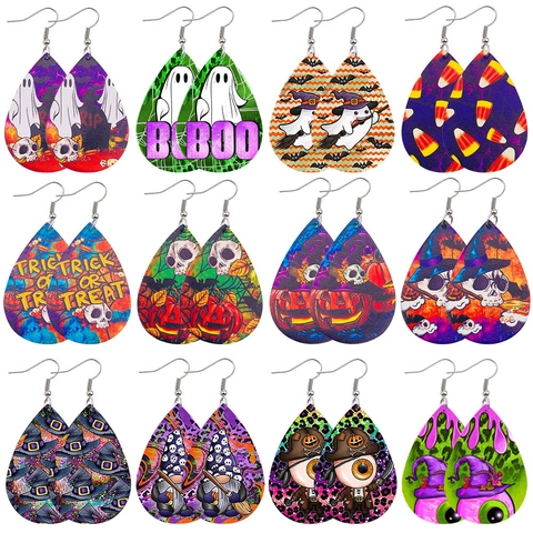 Halloween Faux Leather Teardrop Dangle Earrings Double Sided Printed Skull Pumpkin Ghost Party Jewelry For Women