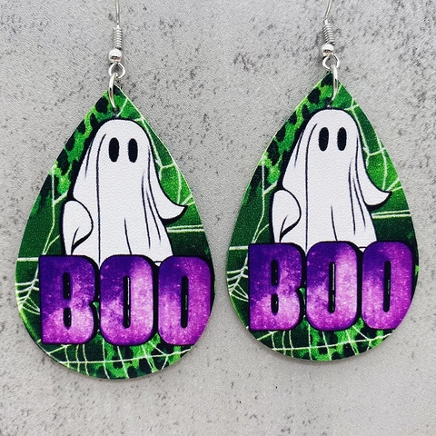 Halloween Faux Leather Teardrop Dangle Earrings Double Sided Printed Skull Pumpkin Ghost Party Jewelry For Women
