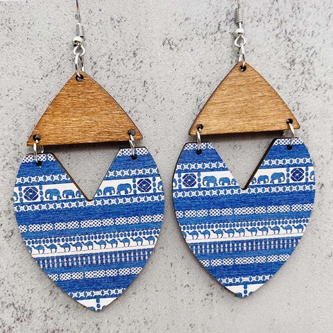 Pendientes Colgantes de Madera de Navidad Papá Noel Alce Gnomo Copos de Nieve Patrón Bohemio Empalme Pendientes de Gancho para Fiesta Mujer Joyería