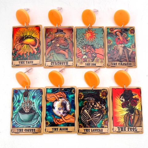 Retro Tarot Card Acrylic Drop Earrings For Women Funny Skull Moon Sun Lovers Patterns Handmade Festival Dangle Earrings