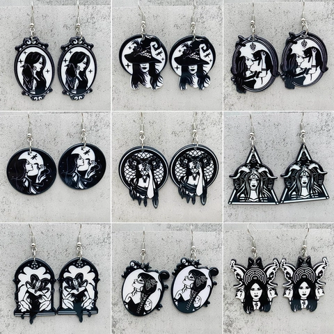 Gothic Halloween Hexe Acryl Ohrringe Für Damen Gruselige Schwarz Weiß Doppelseitige Anhänger Ohrringe Rabe Katze Motte Schmuck
