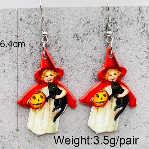 Halloween Acrylic Drop Earrings Vintage Pumpkin Black Cat Wizard Hat Double Sided Print Earrings For Women Party Jewelry