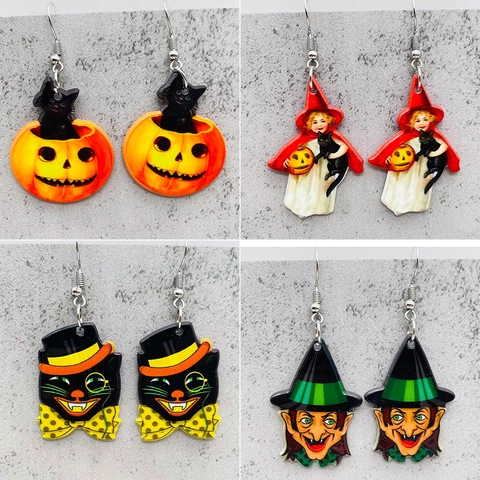 Halloween Acrylic Drop Earrings Vintage Pumpkin Black Cat Wizard Hat Double Sided Print Earrings For Women Party Jewelry