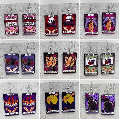 Tarot Card Style Acrylic Dangle Earrings Gothic Halloween Jewelry For Women The Reader Cat Mom Vampire Romance Personality Earrings