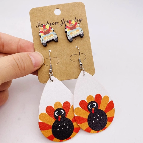 Thanksgiving Earring Set Faux Leather Turkey Pumpkin Pinecone Coffee Cup Stud Drop Earrings Festival Jewelry For Women
