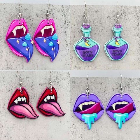 Halloween Gothic Acryl Hangende Oorbellen Vampier Lippen Toverdrankfles Planchette Bedrukte Punk Oorbellen Vrouwen Sieraden