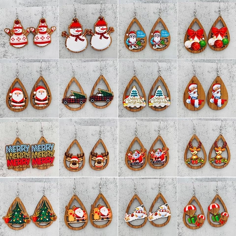 Pendientes Colgantes de Madera de Navidad Papá Noel Reno Muñeco de Nieve Patrón Joyería Festiva para Mujer Regalo