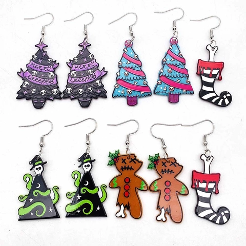 Gothische Weihnachts-Ohrringe aus Acryl mit Skelett-Lebkuchenmann und Gruselbaum Festlicher Schmuck Damen Party Zubehör