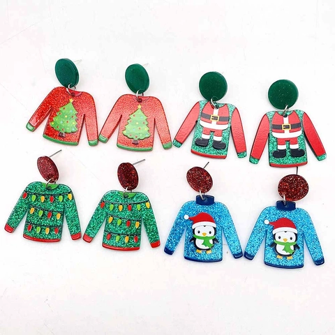 Weihnachten Ugly Sweater Ohrhänger Für Damen Acryl Legierung Glitzer Weihnachtsmann Pinguin Baum Muster Festlicher Schmuck Geschenk