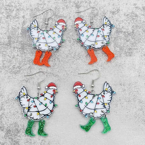 Divertidos Pendientes de Gallo de Acrílico de Navidad Pendientes Colgantes de Pollo Gorro de Navidad Luces Botas Regalo Mujer
