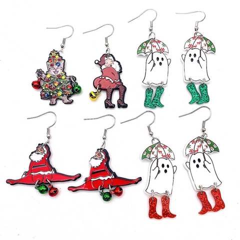 Weihnachten Lustige Acryl Hängeohrringe Für Damen Süße Cartoon Katze Weihnachtsmann Geist Mit Glocken Skurril Party Schmuck
