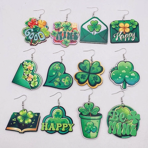 St Patrick's Day Holz Kleeblatt Ohrhänger Für Damen Festlich Grün Vierblättriges Kleeblatt Regenbogen Herz Buch Muster Ohrringe