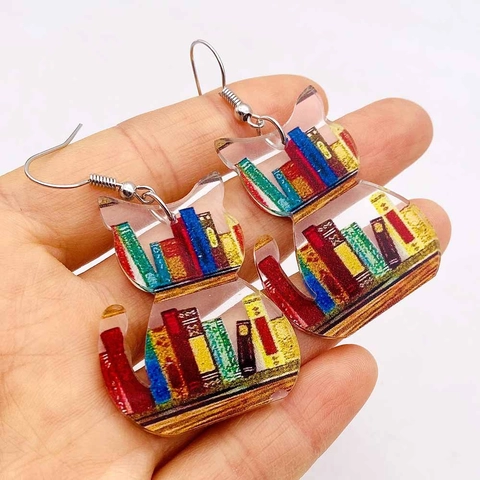 Kreative Acryl Ohrhänger Mit Katzen Und Hunde Silhouetten Bücherregal Muster Für Buchliebhaber Lehrertag Literarischer Schmuck