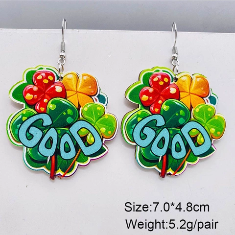 St Patrick's Day Holz Kleeblatt Ohrhänger Für Damen Festlich Grün Vierblättriges Kleeblatt Regenbogen Herz Buch Muster Ohrringe