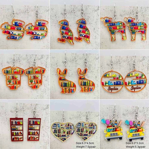 Kreative Acryl Bücherregal Hängeohrringe Für Buchliebhaber Lehrertag Geschenk Bunte Literarische Herz Hase Form Damen Schmuck