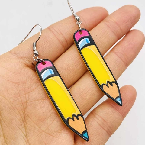 Creative Yellow Pencil Dangle Earrings Cartoon Acrylic Stationery Student Earrings For Teachers Day Back To School Women Jewelry