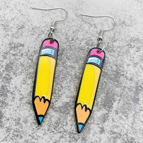 Creative Yellow Pencil Dangle Earrings Cartoon Acrylic Stationery Student Earrings For Teachers Day Back To School Women Jewelry