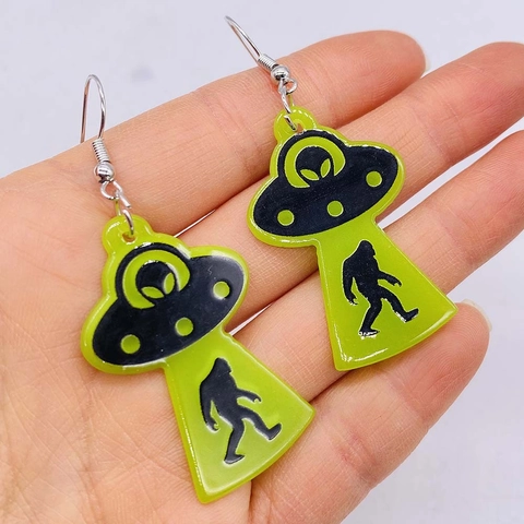 Spooky UFO Alien Bigfoot Ακρυλικά Σκουλαρίκια Κρεμαστά Γυναικεία Πράσινο Νέον Μαύρο Πανκ Στυλ Κοσμήματα