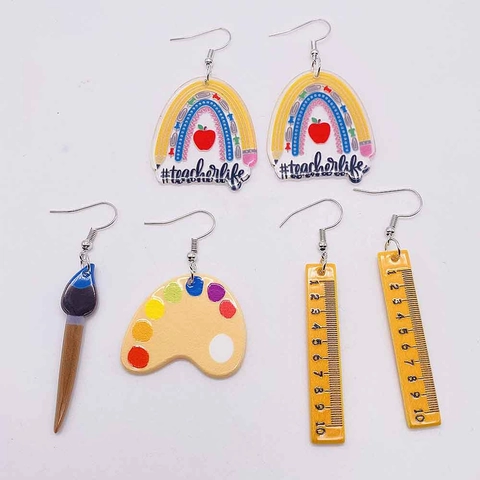 Creative Acrylic Teacher Earrings Paintbrush Palette Ruler Pencil Rainbow Apple Drop Earrings For Women School Jewelry Gift