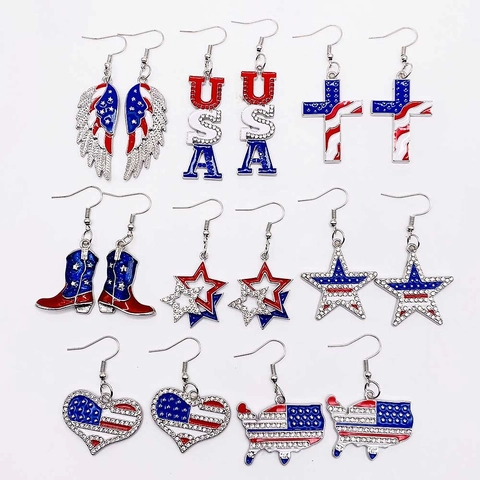 USA Flag Dangle Earrings For Women Alloy Rhinestone Independence Day Heart Star USA Letter Patriotic Jewelry Gifts