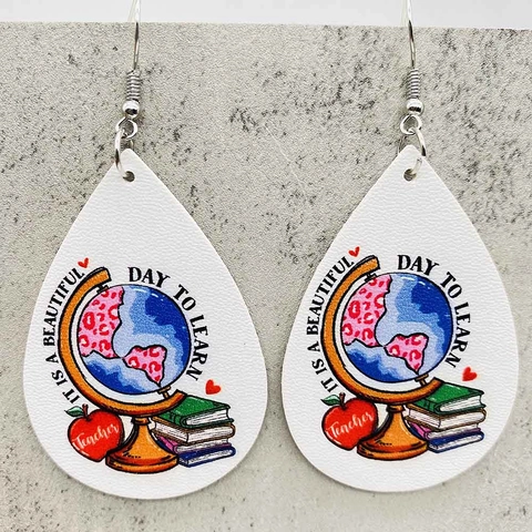 Tränenform PU Leder Ohrringe Für Damen Lehrertag Geschenk Bedruckt Globus Apfel Bücher Handgefertigter Haken Schmuck