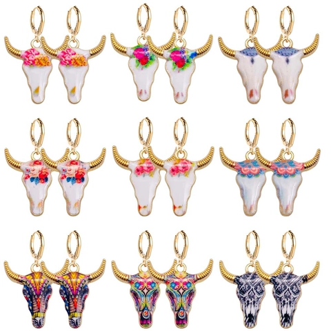 Vintage Böhmische Stierkopf Ohrhänger Für Damen Western Cowboy Stil Acryl Legierung Blumenmuster Ohrringe Schmuck