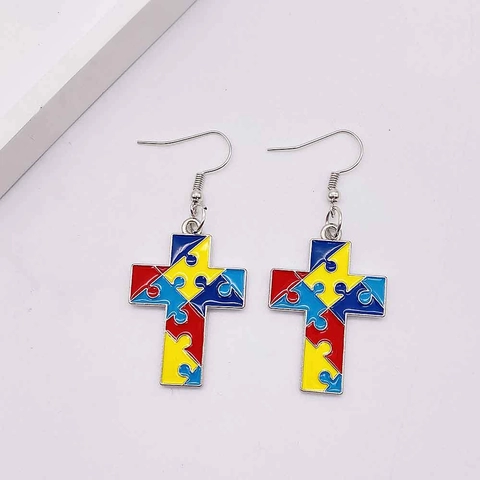 Autism Awareness Puzzle Earrings Colorful Enamel Heart Cross Ribbon Acrylic Drop Earrings For Women Fashion Jewelry Gift