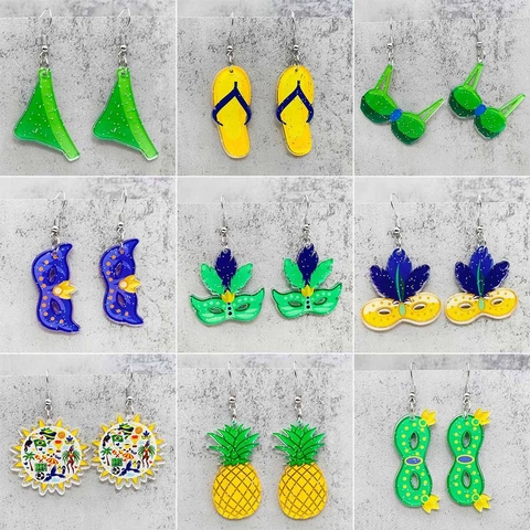 Pendientes de Aleación de Acrílico Estilo Vacaciones de Verano para Mujeres Carnaval Máscara Piña Chancletas Bikini Forma de Sol Pendientes Joyería Accesorios